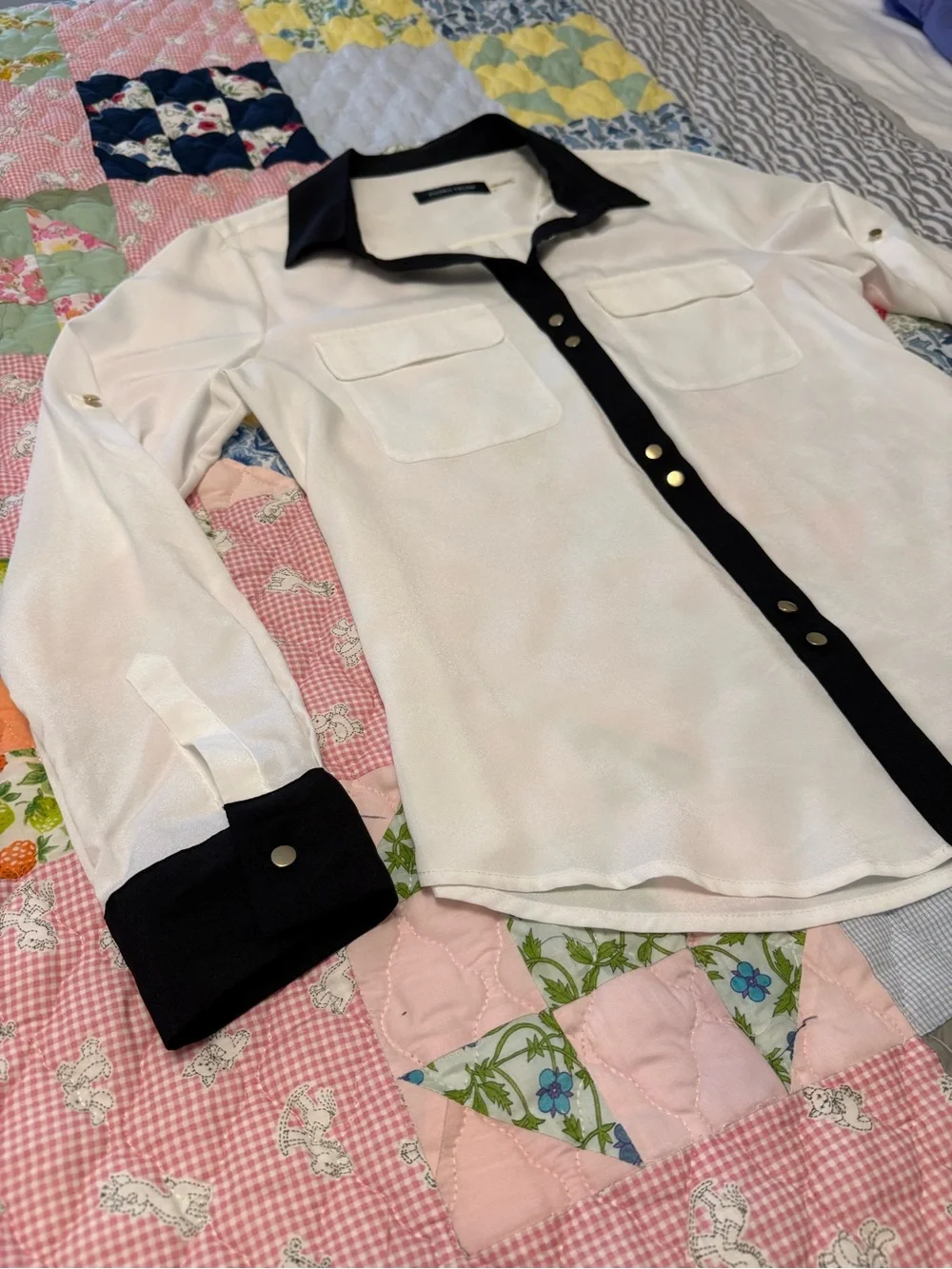 White Blouse with Black Trim Collar & Placket - Picture 2 of 4